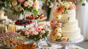 bianca nozze torta decorato di fiori in piedi su festivo tavolo con molte di spuntini su lato. nozze ricevimento foto