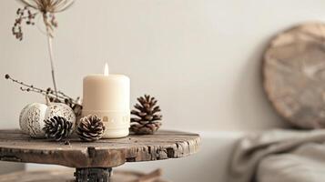 chrsitmas candela di legno decorazione tavolo rustico cottagecore minimalista sfondo neutro bianca sociale media ragnatela design inviare. foto