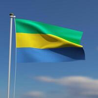 Gabon bandiera è agitando nel davanti di un' blu cielo con sfocato nuvole nel il sfondo foto