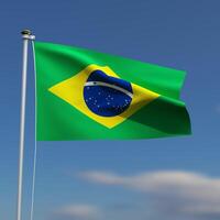 brasile bandiera è agitando nel davanti di un' blu cielo con sfocato nuvole nel il sfondo foto