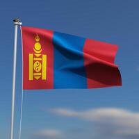Mongolia bandiera è agitando nel davanti di un' blu cielo con sfocato nuvole nel il sfondo foto