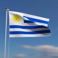 Uruguay bandiera è agitando nel davanti di un' blu cielo con sfocato nuvole nel il sfondo foto