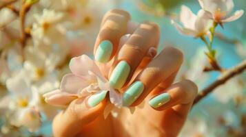 fascino donna mano con di moda verde colore chiodo polacco manicure su dita, toccante leggero primavera fiore petali foto