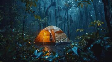 pioggia su il tenda nel il foresta, tropico, silenzioso, calma, tranquillo, calmo, meditazione, campeggio, notte, relax. foto