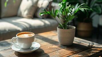 un' tazza di caffè seduta su superiore di un' di legno tavolo Il prossimo per un' divano e un' in vaso pianta su superiore di un' di legno tavolo. foto