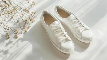 pianura neutro tonica bianca formatori scarpe da ginnastica su boho minimalista sfondo foto