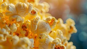 buongustaio Popcorn a cinema, avvicinamento di burroso struttura, film notte essenziale. foto