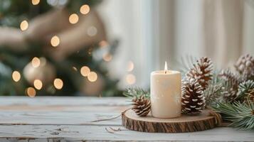 chrsitmas candela di legno decorazione tavolo rustico cottagecore minimalista sfondo neutro bianca sociale media ragnatela design inviare. foto