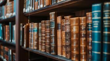 molti libri su un' mensola nel un' biblioteca. foto