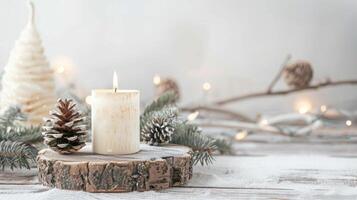 chrsitmas candela di legno decorazione tavolo rustico cottagecore minimalista sfondo neutro bianca sociale media ragnatela design inviare. foto