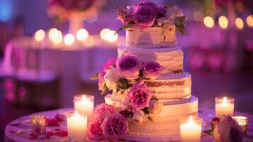 un' tre stanco torta con rosa fiori su superiore di un' tavolo con candele e fiori su il lato di il torta e su il altro lato di il torta foto