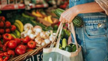 un' avvicinamento tiro di un' di persona mano Tenere un' riutilizzabile shopping Borsa con verdure nel il sfondo a un' Locale agricoltori mercato. foto