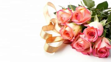 mazzo di colorato rosa Rose decorato con d'oro di seta nastro cravatta foto