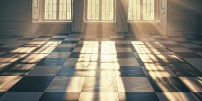un' scacchi pavimento con luce del sole splendente attraverso il finestre foto