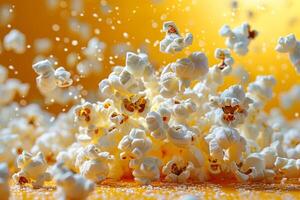 un' vicino su di Popcorn con un' giallo sfondo foto