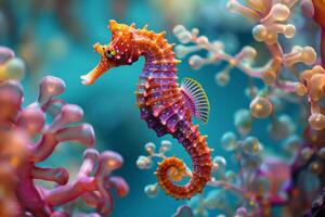 un' colorato mare cavallo è nuoto nel un' corallo scogliera foto