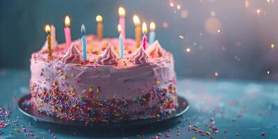 un' rosa compleanno torta con candele su esso foto