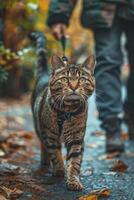 animale domestico proprietario assunzione un' passeggiare con un' fantasia gatto su un' guinzaglio nel autunno foto