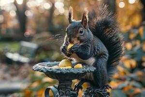 un' scoiattolo è mangiare un Mela a partire dal un' uccello alimentatore foto
