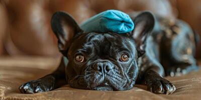 un' nero cane con un' blu stoffa su suo testa è posa su un' divano foto