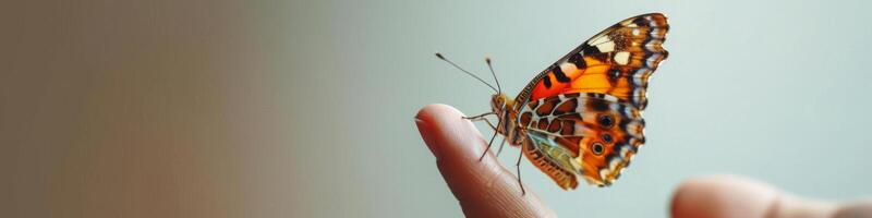 un' farfalla è riposo su un' dito foto