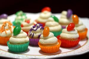 vaniglia cupcakes con vaniglia crema e gelatina fagiolo caramella foto