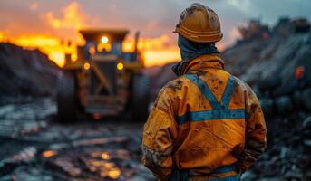 lavoratore è guardare a il bulldozer e scavatrice Lavorando nel carbone il mio foto