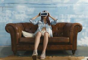 giovane donna seduta su divano e utilizzando virtuale la realtà cuffia foto
