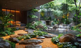 zen giardino con cascata rocce e ciottoli foto