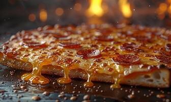 fetta di formaggio Pizza con fuoco nel il sfondo foto