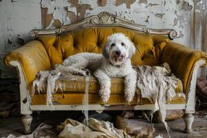 vecchio cane rilassante su un' logoro giallo divano foto