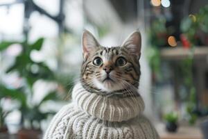adorabile gatto nel accogliente maglione a un' botanico ambientazione foto
