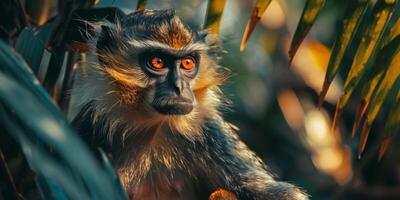 intenso sguardo di un' selvaggio scimmia nel lussureggiante fogliame foto