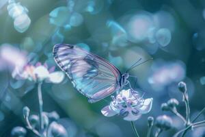 tranquillo farfalla su delicato fiori nel sereno leggero foto