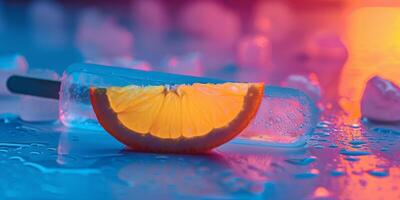 neon splendore ghiaccio pop con arancia fetta su lunatico sfondo foto