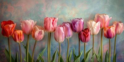 radiante selezione di tulipani nel occhiali da sole di rosa, rosa, e lavanda integrato di un' dolce blu sfondo con un' delicato splendore foto