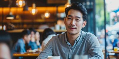 un' uomo nel un' casuale grigio camicia attentamente ascolta e conversa al di sopra di caffè nel un' di moda bar, circondato di il ronzio di città vita foto