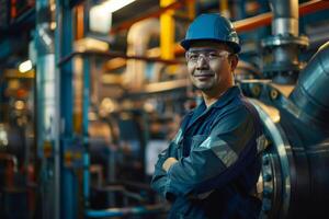 un ingegnere in piedi lieta attraversamento mani in posa su sfocato fabbrica sfondo foto