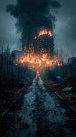 apocalittico fiammata. un' edificio Engulfed nel fiamme in mezzo un' desolato paesaggio foto