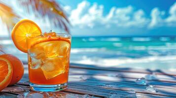 vivace estate vibrazione sfondo. arancia cocktail con esotico frutta contorno su un' bellissimo soleggiato spiaggia scena. foto