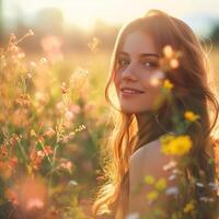 un' bellissimo signora su primavera moda donna soffiaggio dente di leone nel primavera giardino. primavera. di moda ragazza a tramonto nel primavera paesaggio sfondo foto