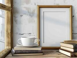 vuoto immagine telaio modello su un' di legno tavolo con bianca caffè e vecchio libri, dentro un' camera di un' finestra su un' grunge bianca parete. minimo design nel luminosa interno sfondo foto