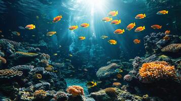 un' scuola di tropicale pesce tra vivace corallo scogliere, luce del sole trafigge il oceano. Perfetto per conservazione, temi su marino vita e natura. subacqueo ecosistemi, ecoturismo, estate vacanza concetto foto