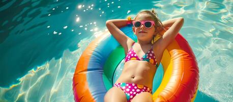 largo tiro di poco ragazza rilassa su colorato gonfiabile galleggiante nel piscina, indossare luminosa a pois costume da bagno e occhiali da sole. striscione, copia spazio foto
