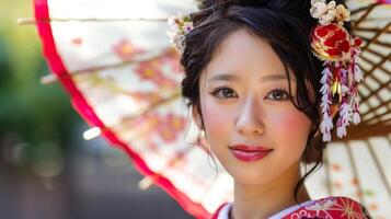 giovane donna nel tradizionale giapponese abbigliamento. bellissimo giovane donna nel un' colorato chimono Tenere un' rosso parasole, tradizionale giapponese abbigliamento. . foto