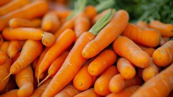 fresco biologico carote nel massa a il mercato. avvicinamento Visualizza di fresco biologico carote con vivace arancia colore e visibile trame. foto