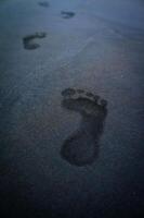 suole di piedi, impronte su il spiaggia sabbia foto