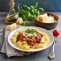 fresco pasta con sostanzioso bolognese e parmigiano formaggio foto