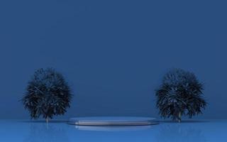 Piedistallo del fondo di colore blu scuro del podio 3d con la natura del doppio albero per l'esposizione e la promozione del prodotto