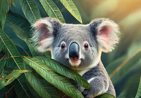 carino koala orso seduta nel un' eucalipto albero nel un' giungla, koala orso nel tropicale le foglie ritratto foto